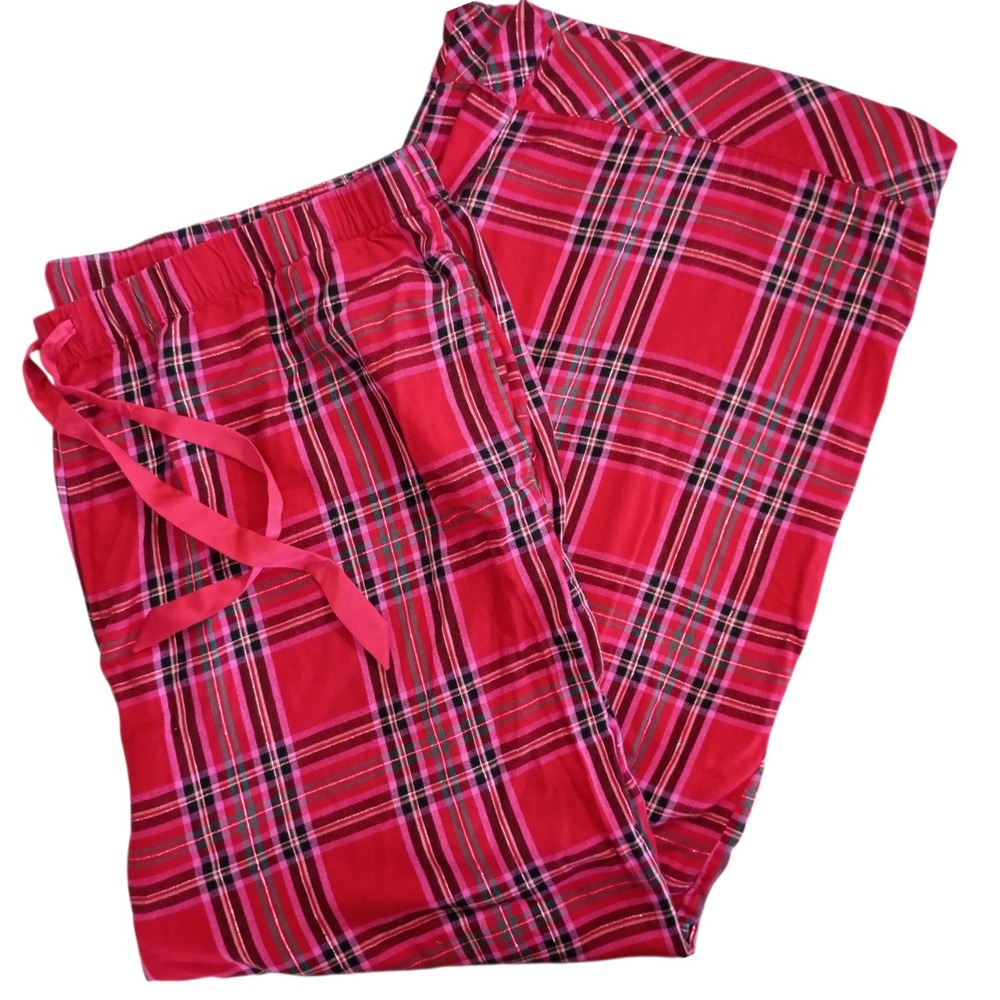 Victorias Secret Plaid Pajama Pants Red Pink Metallic Shimmer Flannel XXL